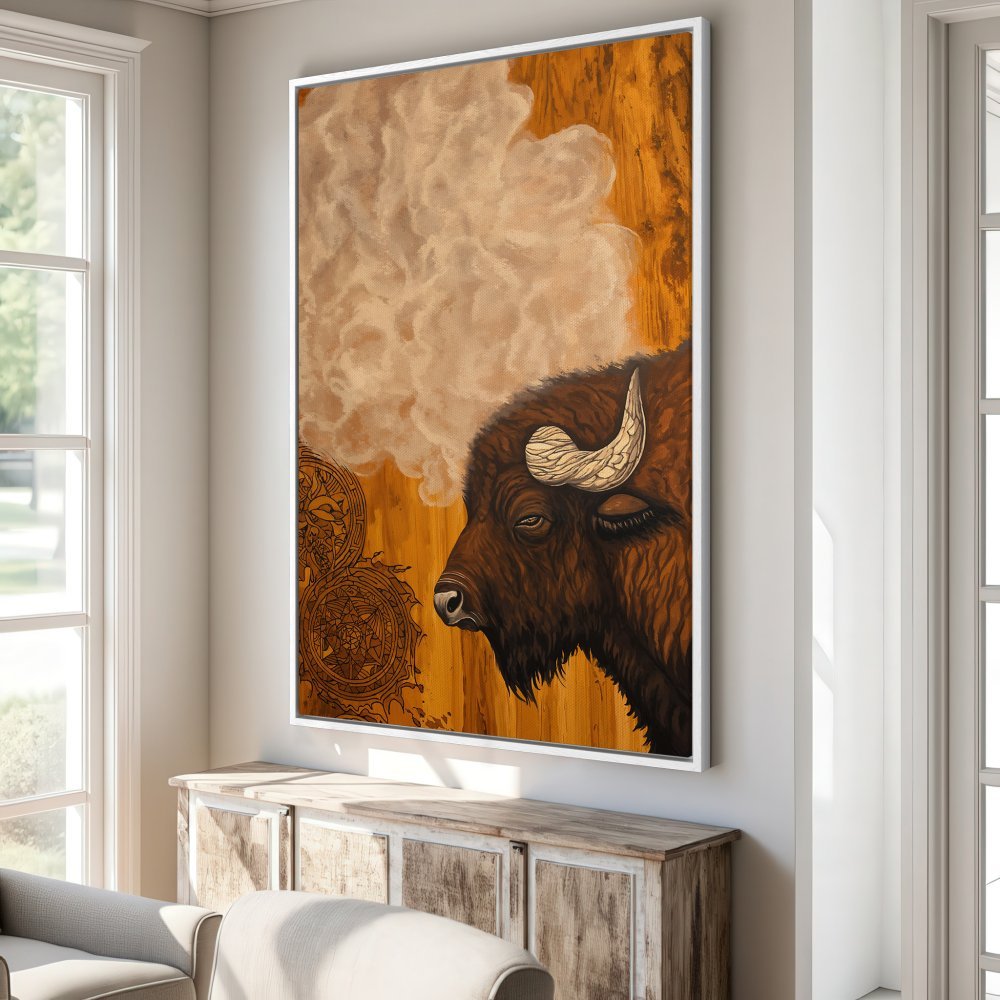 Framed Wall Art featuring a majestic bison in warm brown tones. Rustic style Canvas Print for a cozy, inviting home decor.