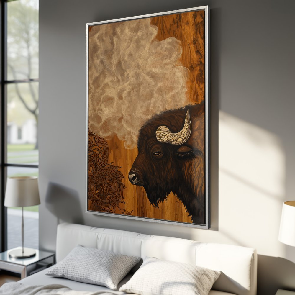 Framed Wall Art: Majestic bison portrait in warm brown tones. Rustic style Canvas Print adds a touch of nature to your bedroom decor.