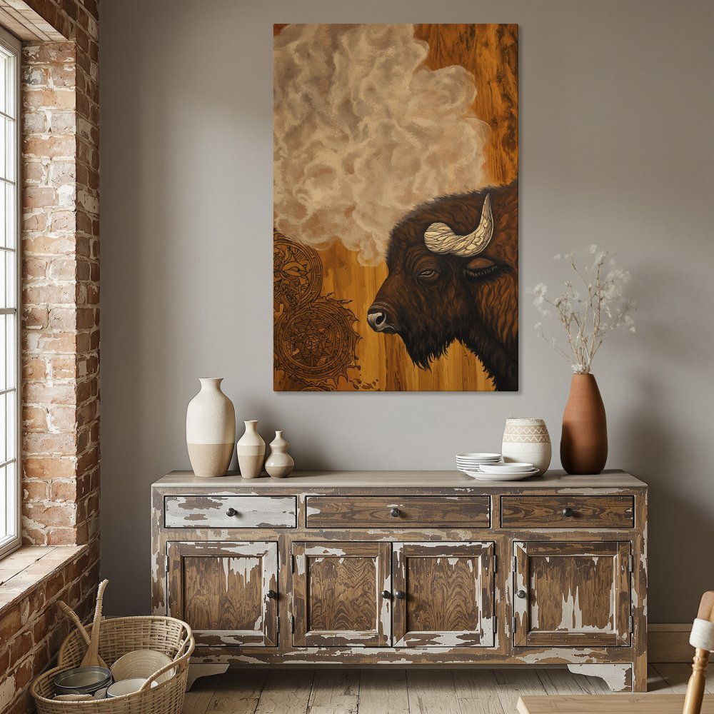 Framed Wall Art: Majestic bison art print in warm brown and gold tones. Rustic style canvas print perfect for dining room decor.