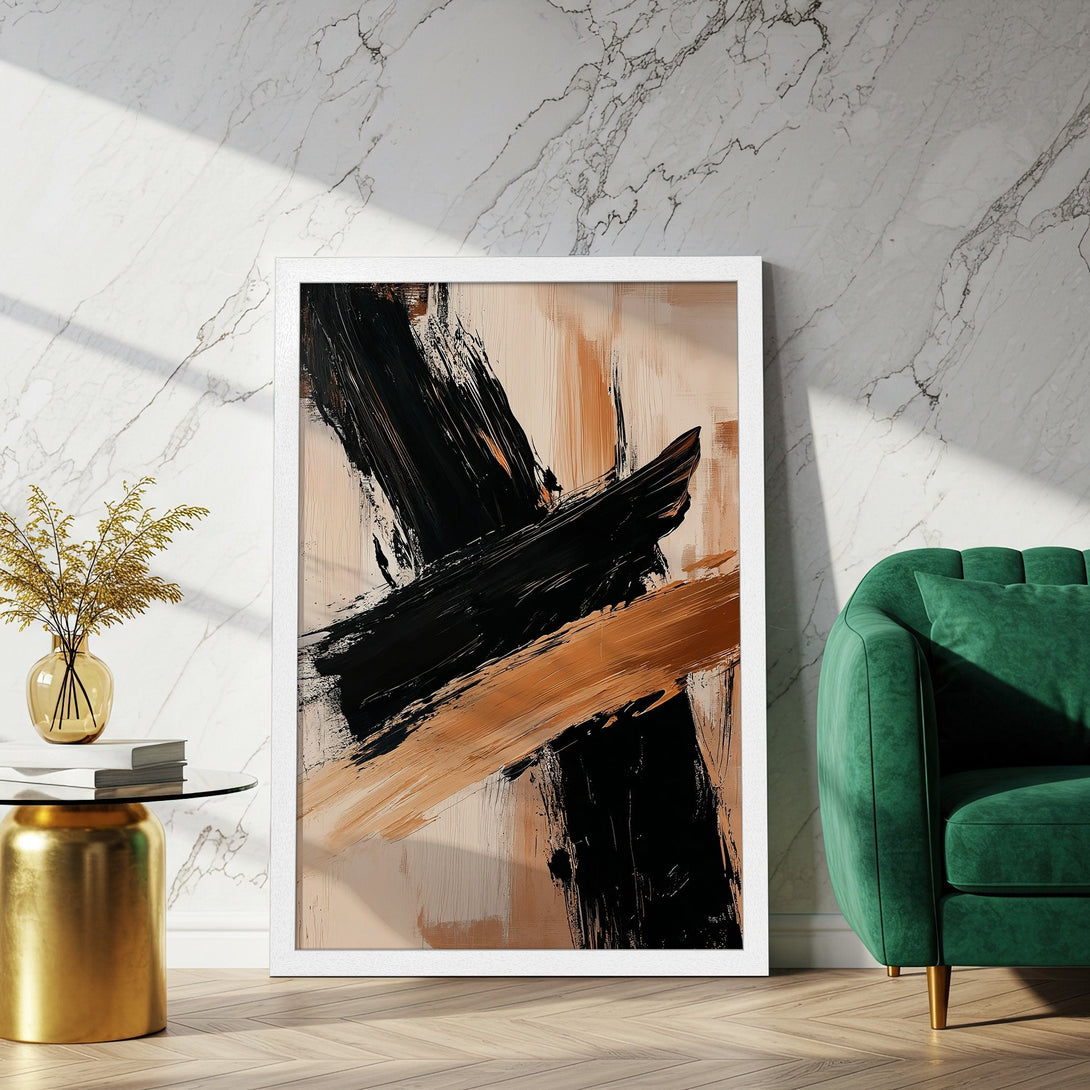 Framed Poster featuring abstract black & beige brushstrokes, perfect for modern decor. Stylish art print with neutral color palette.