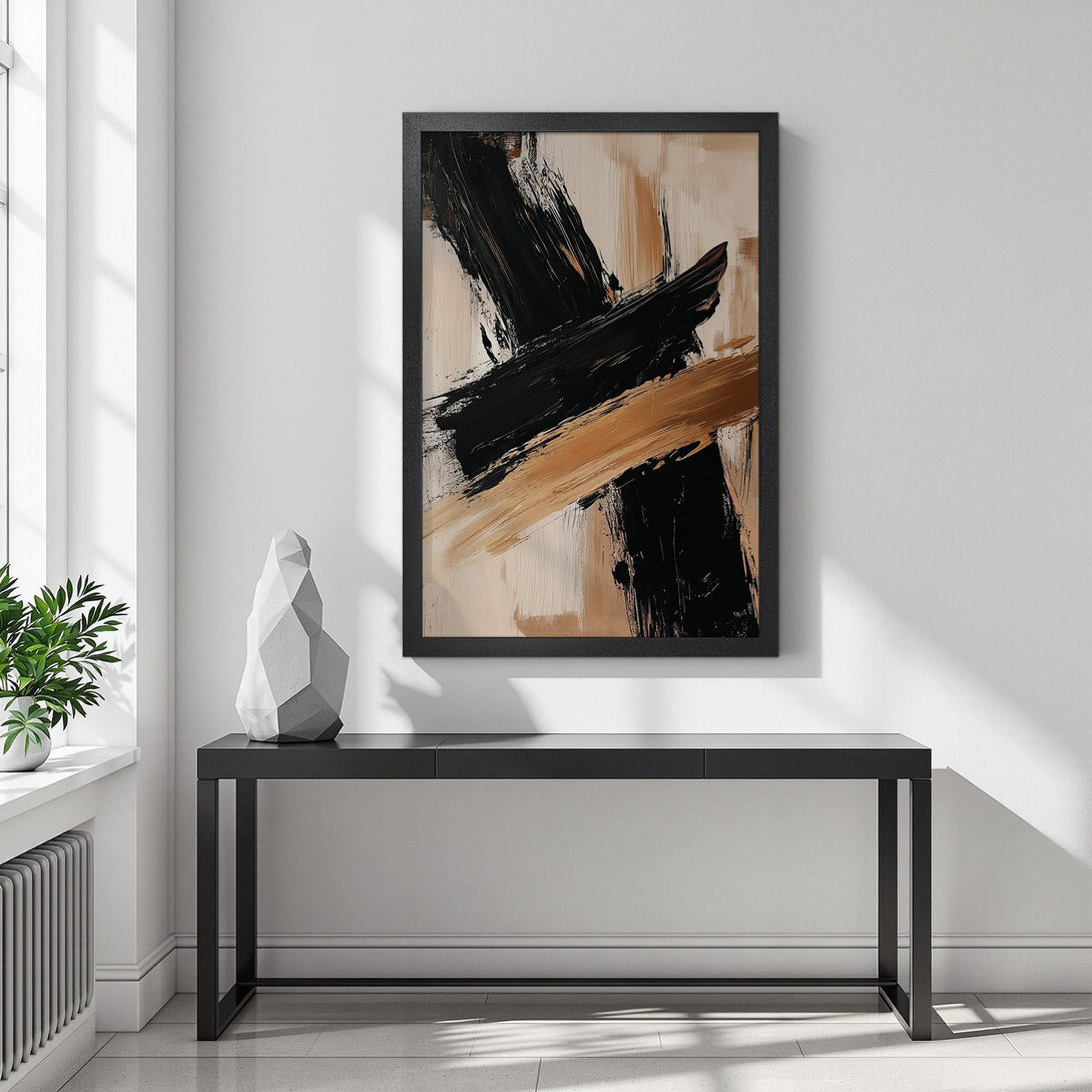Framed Poster featuring abstract black & gold brushstrokes. Modern art print with neutral color palette, perfect for home decor.