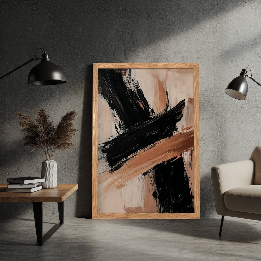 Framed Poster featuring abstract brushstrokes in black, beige, and brown. Modern art for stylish home decor.