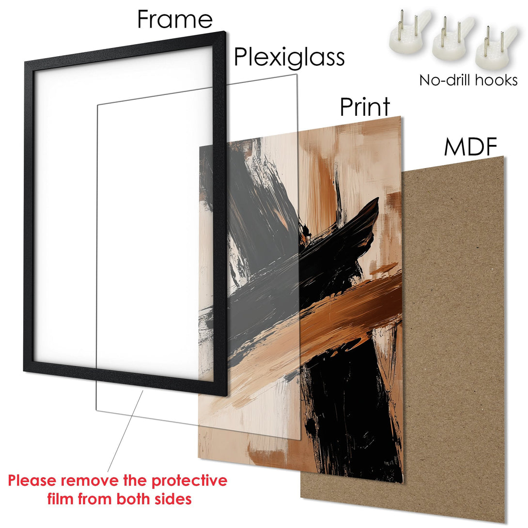 Framed Poster featuring abstract art in black, brown, and beige tones. Modern wall decor for your home.