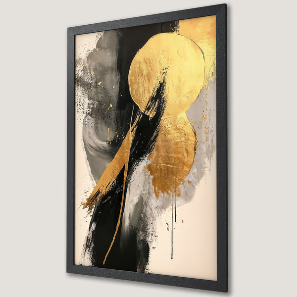 Framed Poster featuring abstract gold, black, and gray art. Modern style with a neutral color palette for elegant wall decor.