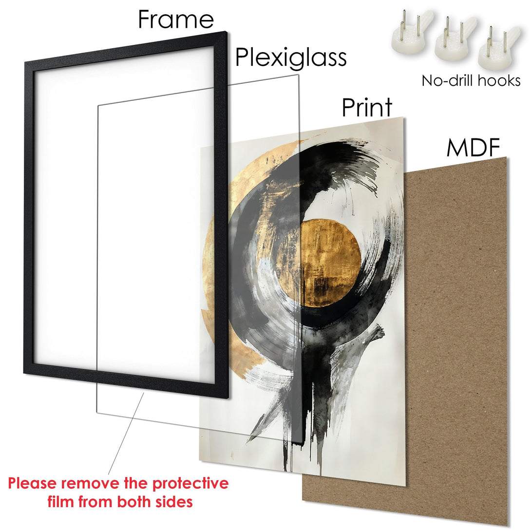 Framed Poster: Abstract art print with gold, black, and white color palette. Modern wall decor for living room or bedroom.