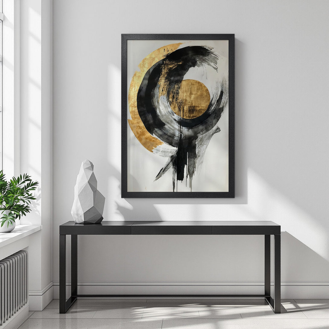 Framed Poster featuring abstract black, gold, and white art. Modern style with a minimalist color palette, perfect for home decor.