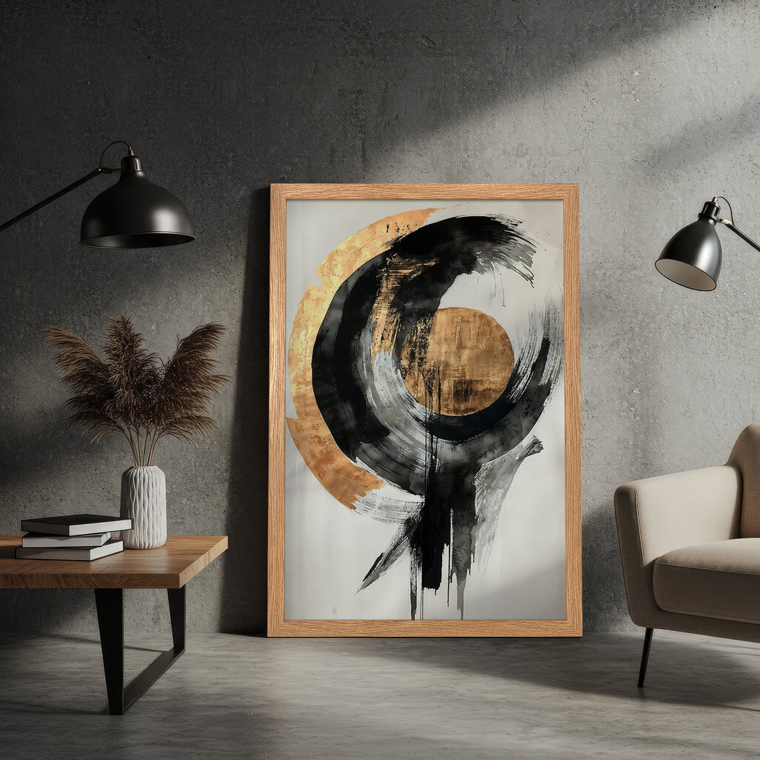 Framed Poster: Abstract art print with black, gold, and neutral tones. Modern wall decor for living room or bedroom. Enhance your space with this stylish Poster.