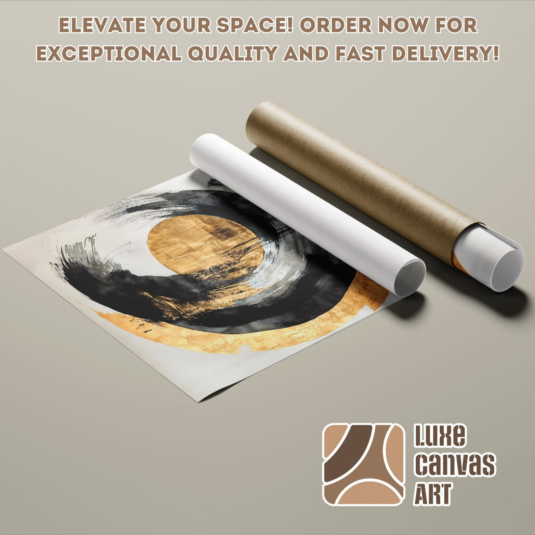 Abstract art poster roll in black, gold, and neutral tones. Elevate your space with Luxe Canvas Art!