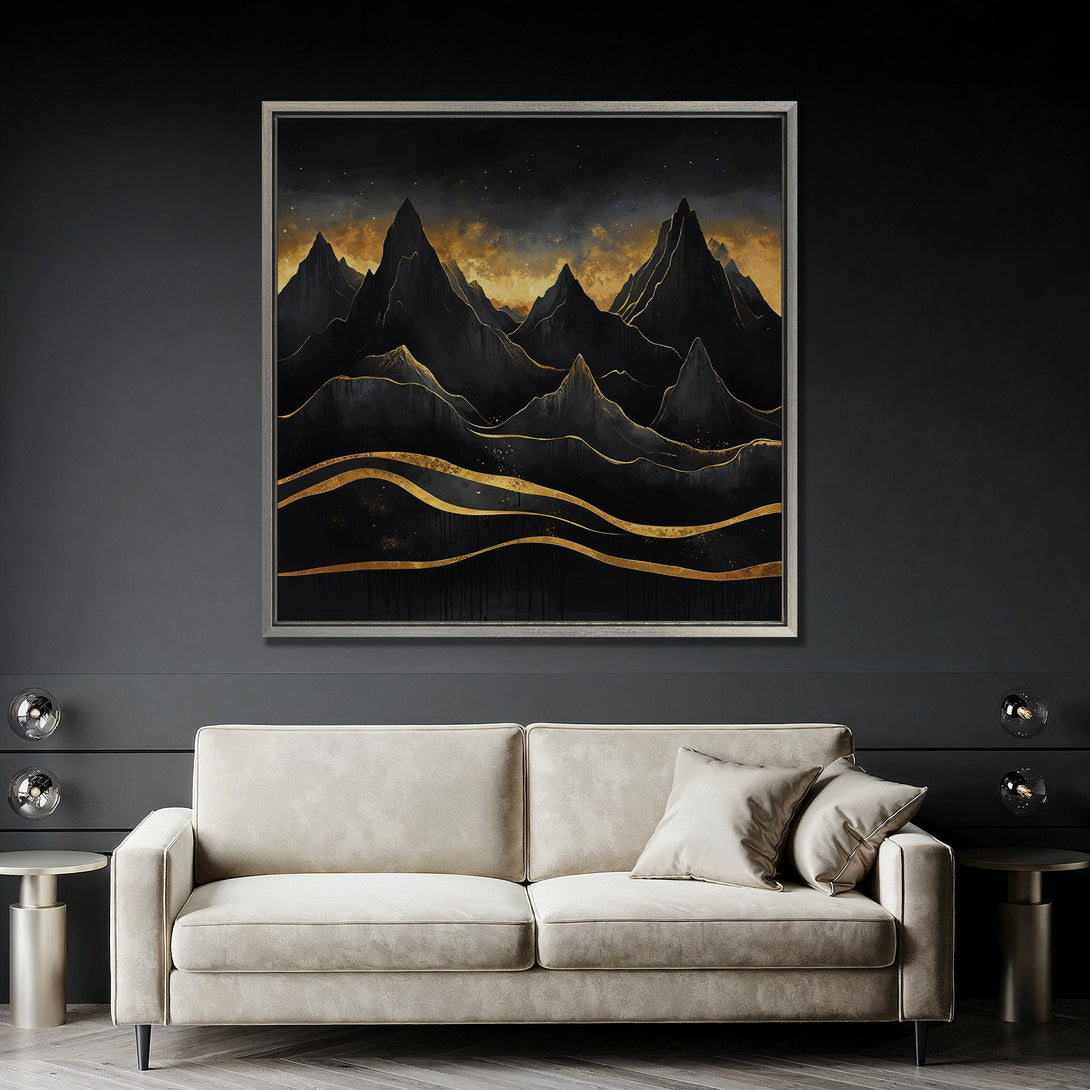 Framed Wall Art featuring a black and gold abstract mountain landscape. Modern art piece with a dark, moody color palette. Perfect for home decor.