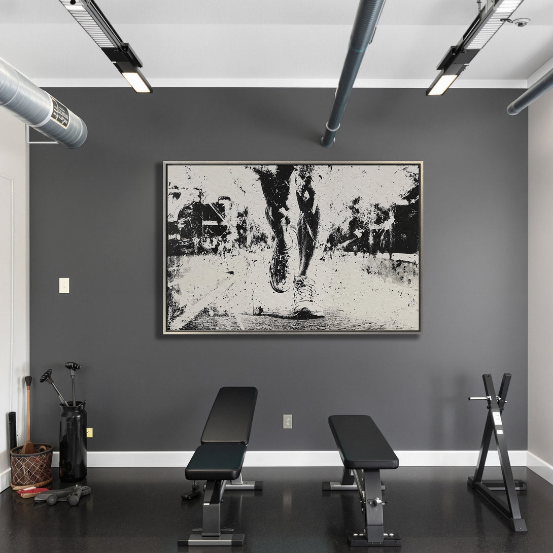 Framed Wall Art: Abstract running legs in black and white, modern style. Perfect for a home gym. Monochrome canvas print adds a touch of art.