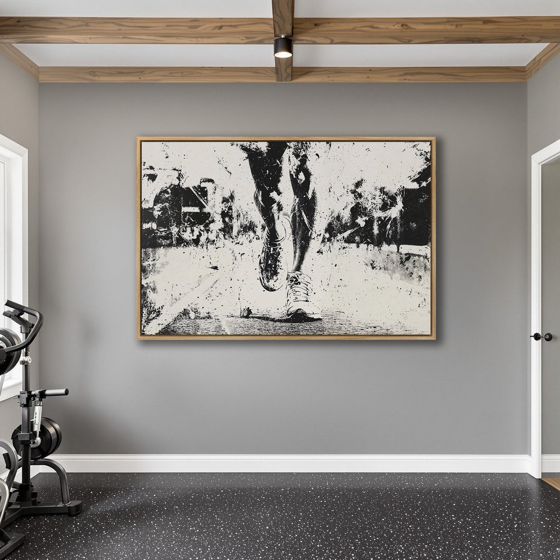 Framed Wall Art: Abstract black and white running legs canvas print. Modern art for home gym decor. Neutral color palette.
