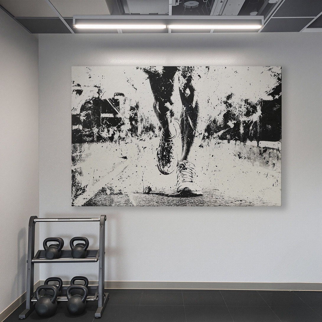 Framed Wall Art featuring a runner in motion, abstract black and white art. Modern style, displayed in a teal interior. Elevate your space!