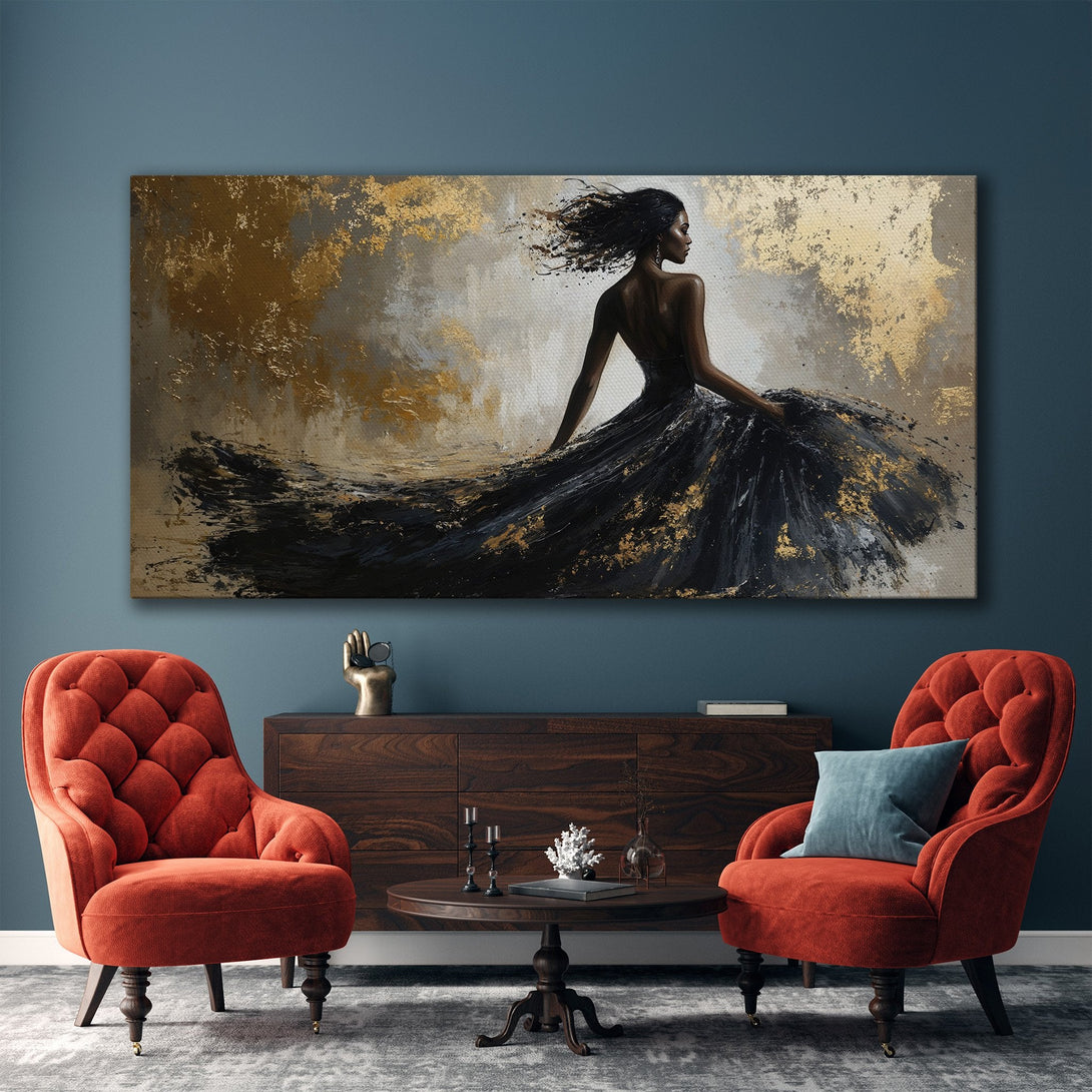 Framed Wall Art: Elegant woman in black dress, abstract style, gold and neutral tones. Perfect for modern home decor. Shop now!