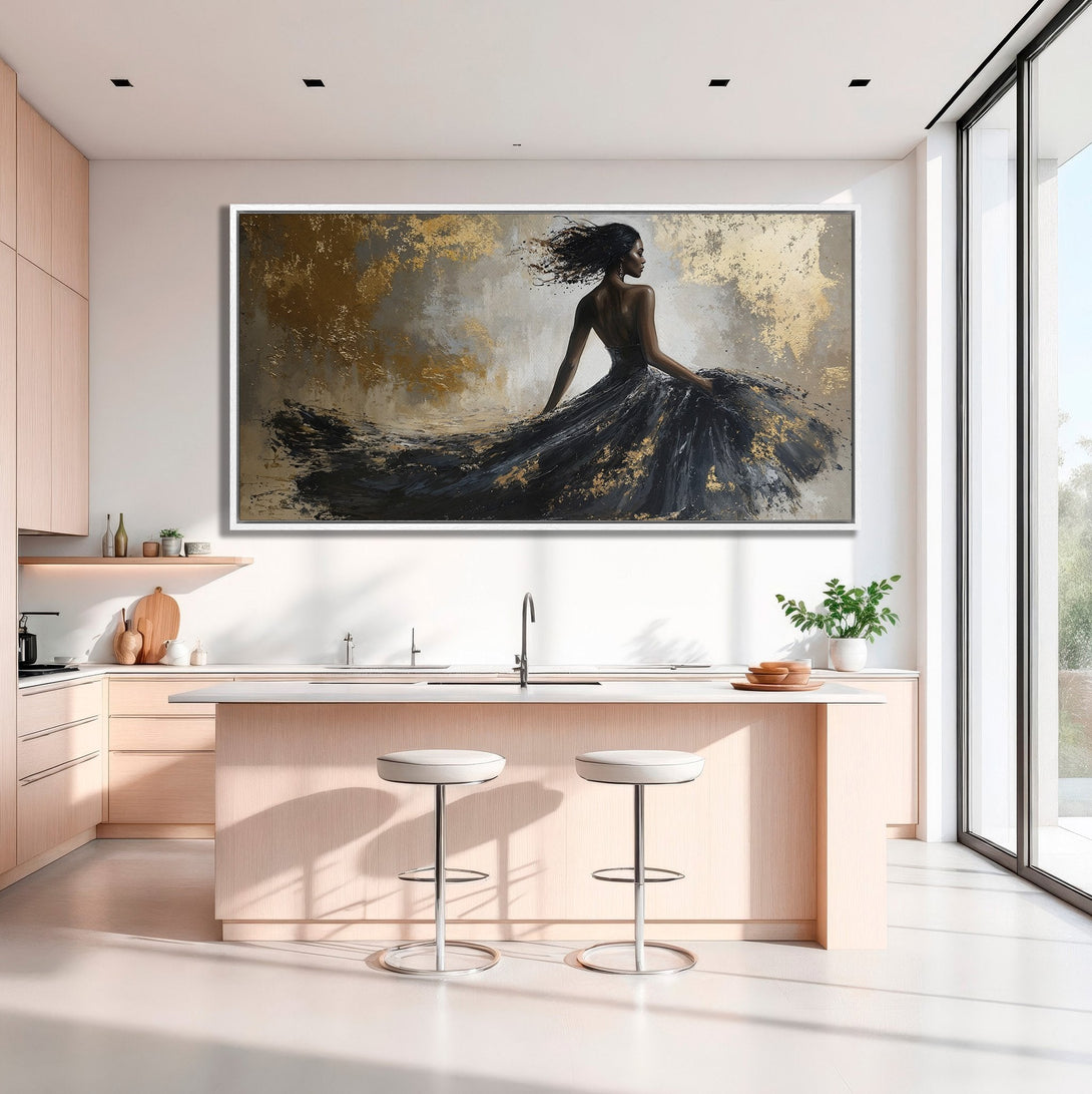 Framed Wall Art: Elegant woman in black dress, abstract painting with gold accents. Modern art canvas print adds sophistication to any space.
