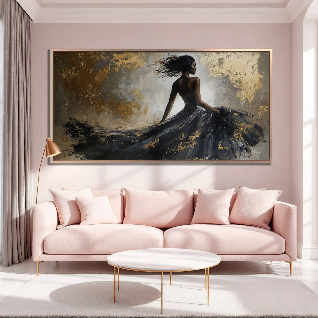 Framed Wall Art: Elegant woman in black dress, abstract painting with gold accents. Adds sophistication to any interior. Soft pink and neutral color palette.