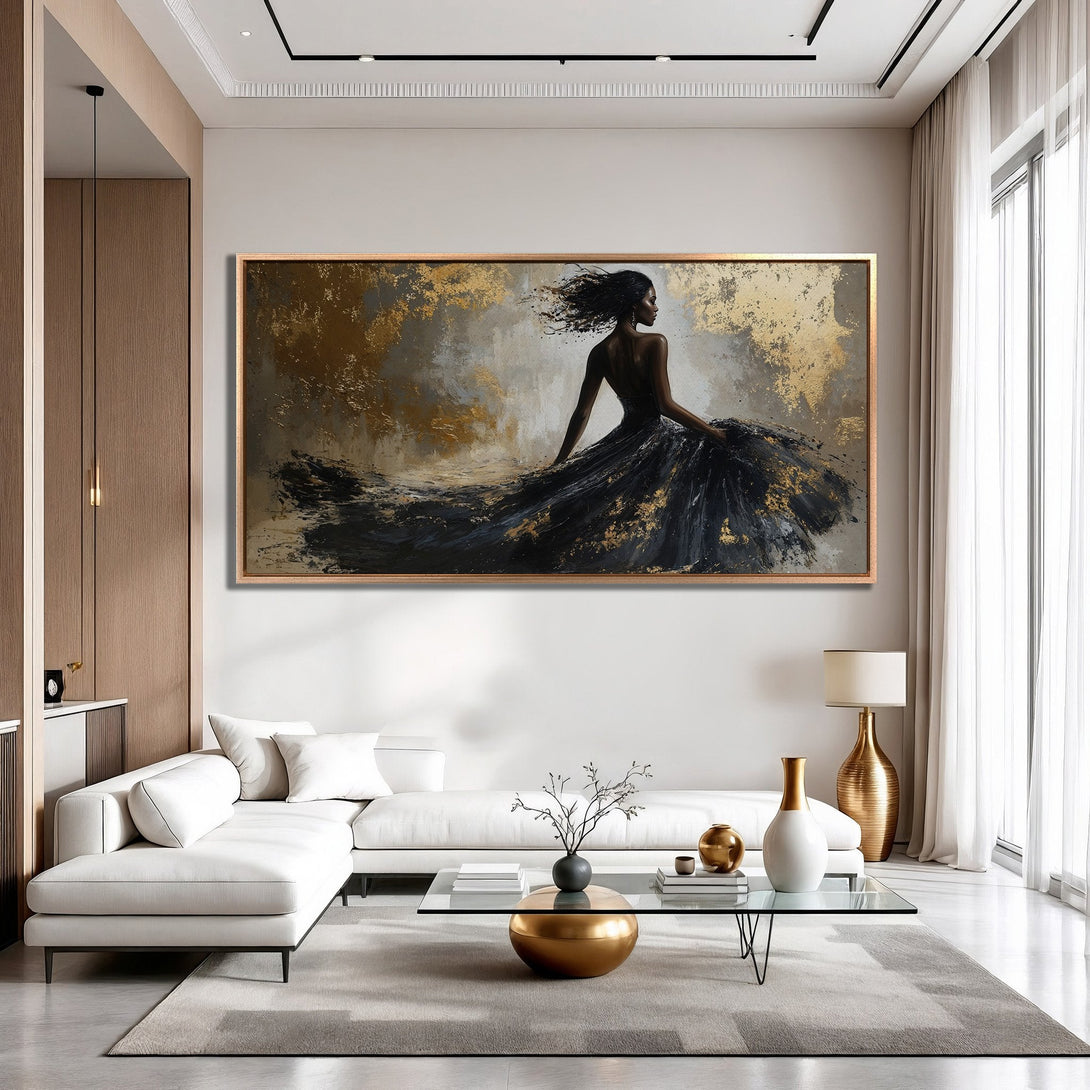 Framed Wall Art: Abstract woman in black dress with gold accents. Modern art in a neutral color palette, perfect for living room decor.
