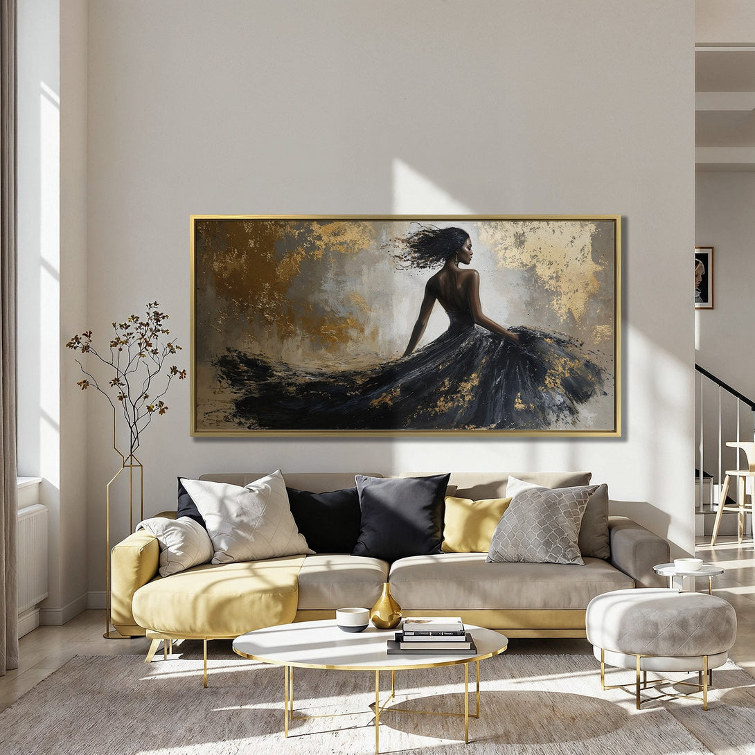 Canvas Print featuring an elegant woman in a flowing black dress, gold accents, and a neutral color palette. Perfect for modern home decor.