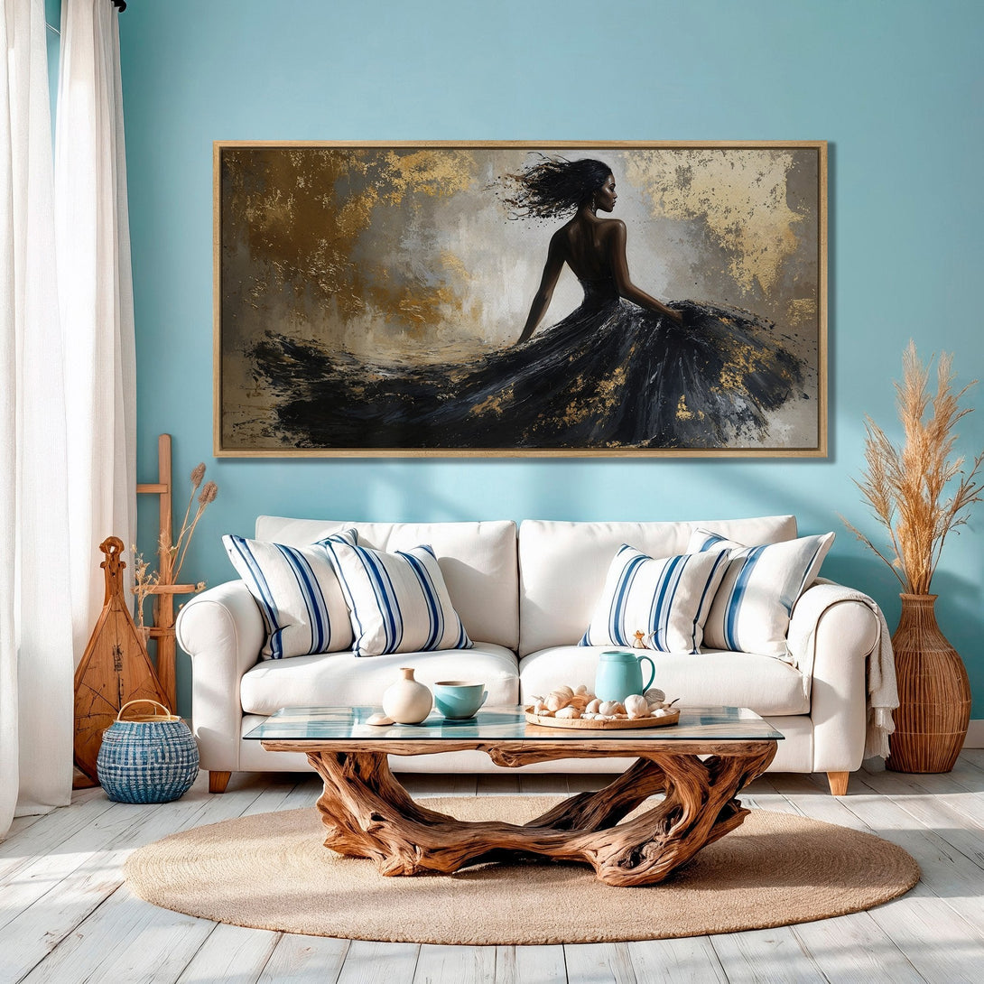 Framed Wall Art: Abstract painting of a woman in a black dress, gold accents, neutral & blue tones. Elevate your space with elegant art!