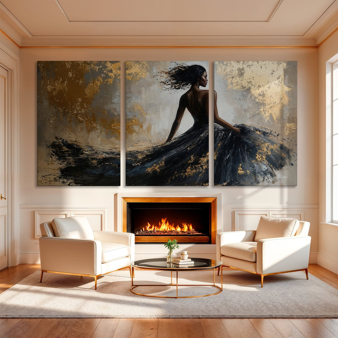 Canvas Print of a woman in a black dress, abstract style, gold and gray color palette, perfect for modern home decor.