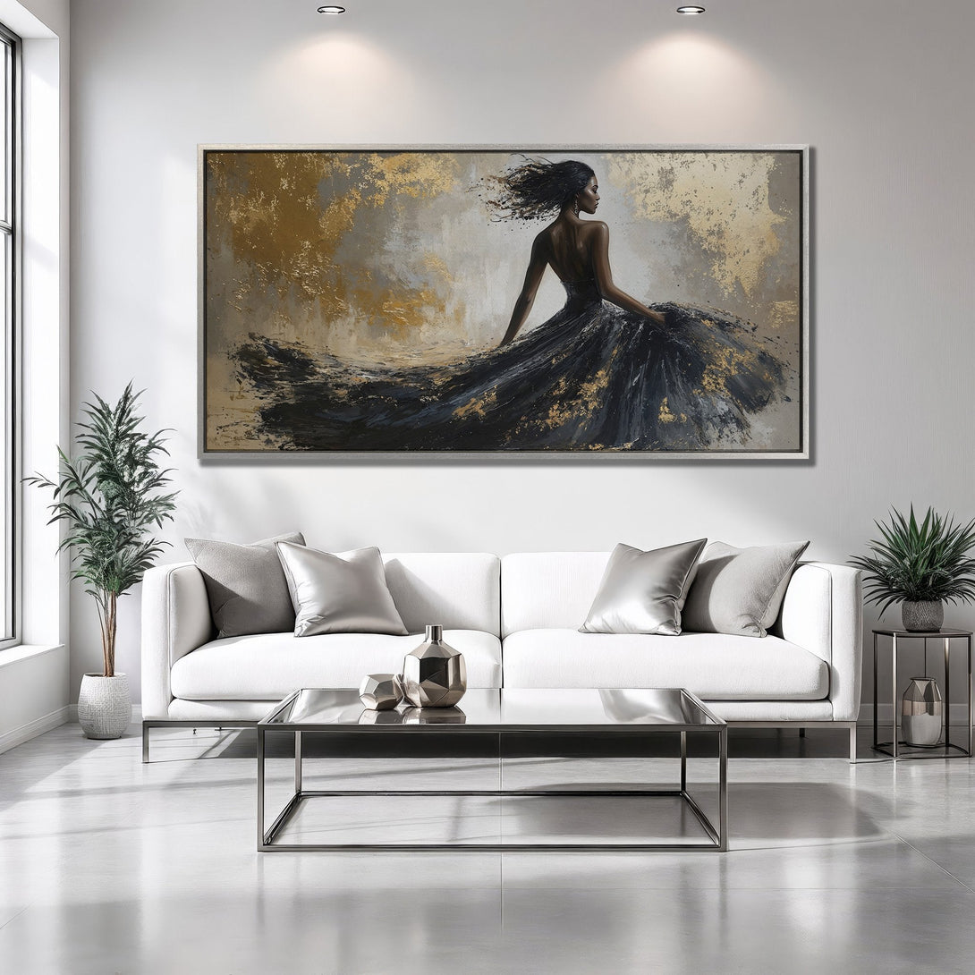 Framed Wall Art: Abstract painting of a woman in a black dress, gold and neutral color palette, perfect for modern home decor.
