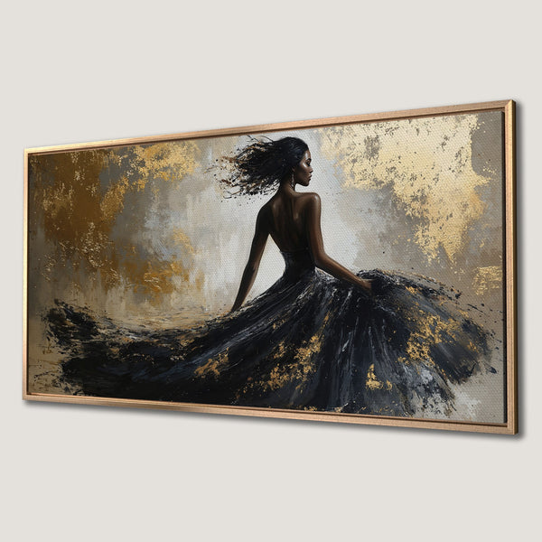 Framed Wall Art: Elegant woman in black dress, abstract art style. Gold, black, and neutral color palette. Perfect for modern decor.