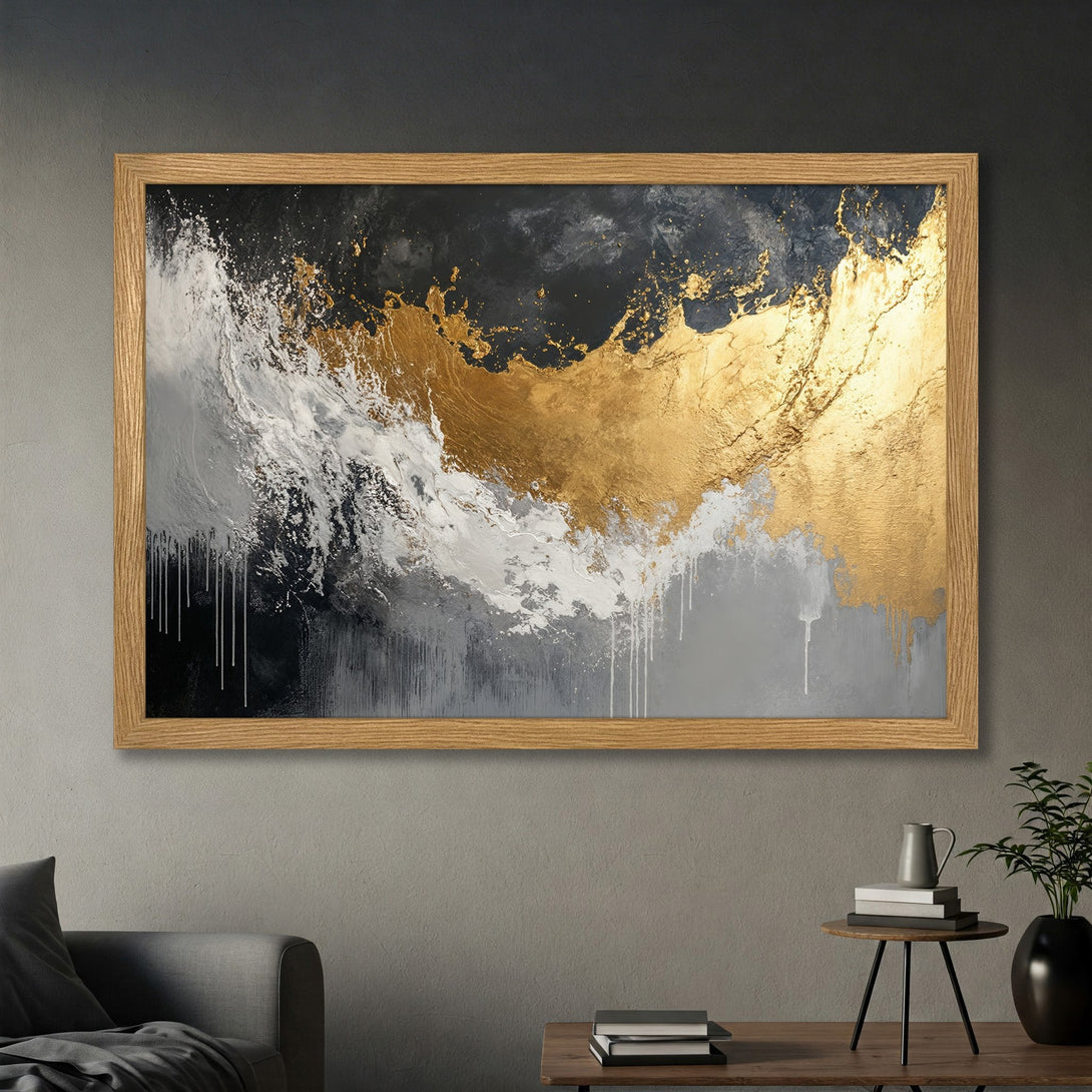 Framed Poster featuring abstract gold, black, and white art. Modern wall decor with a luxurious color palette. Add a touch of elegance to your space.