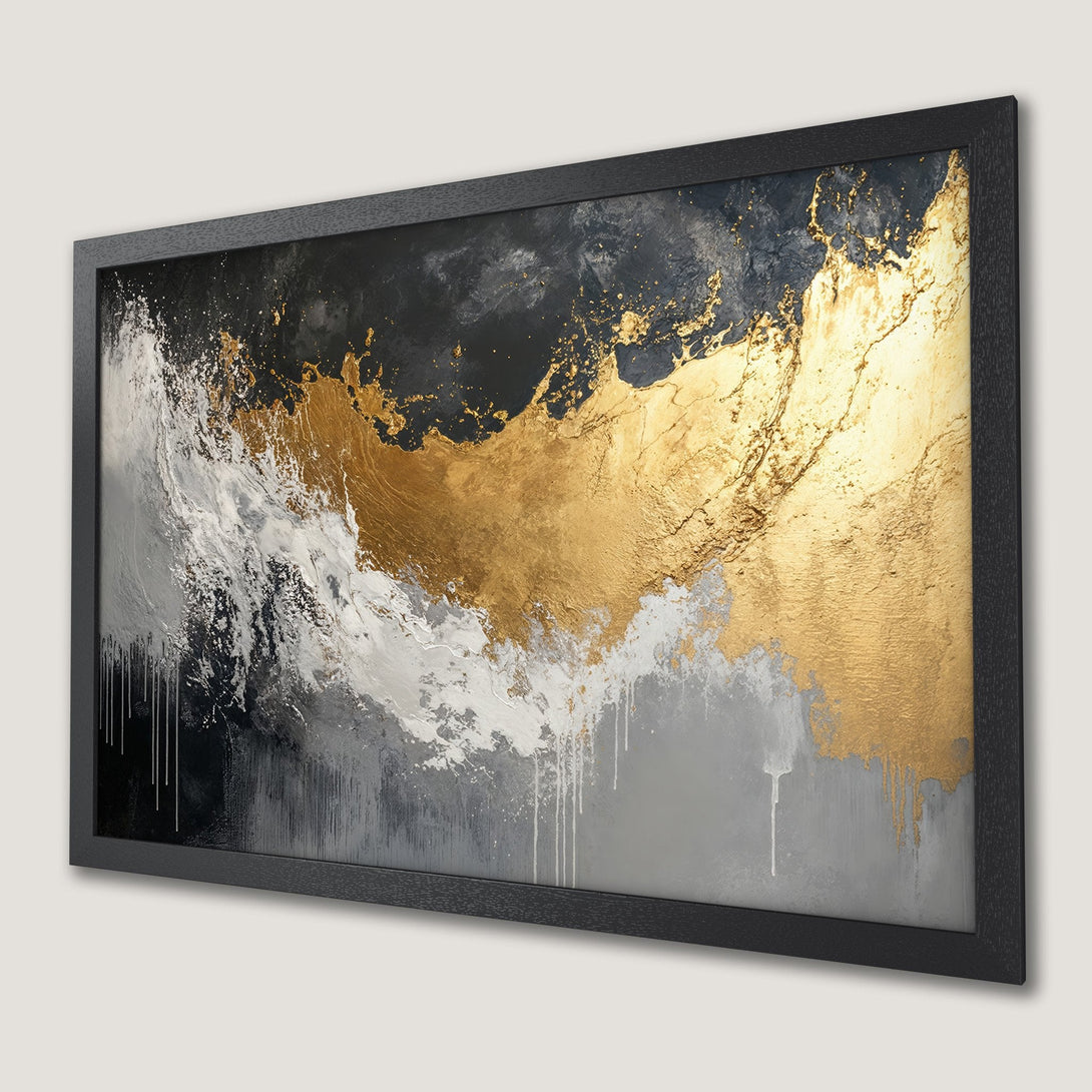 Framed Poster featuring abstract gold, black, and gray art. Modern style wall art for home decor.