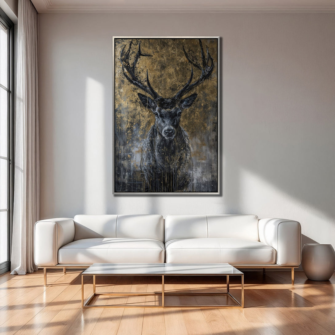 Framed Wall Art: Majestic stag canvas print in gold, black, and grey tones. Modern abstract art for living room decor.