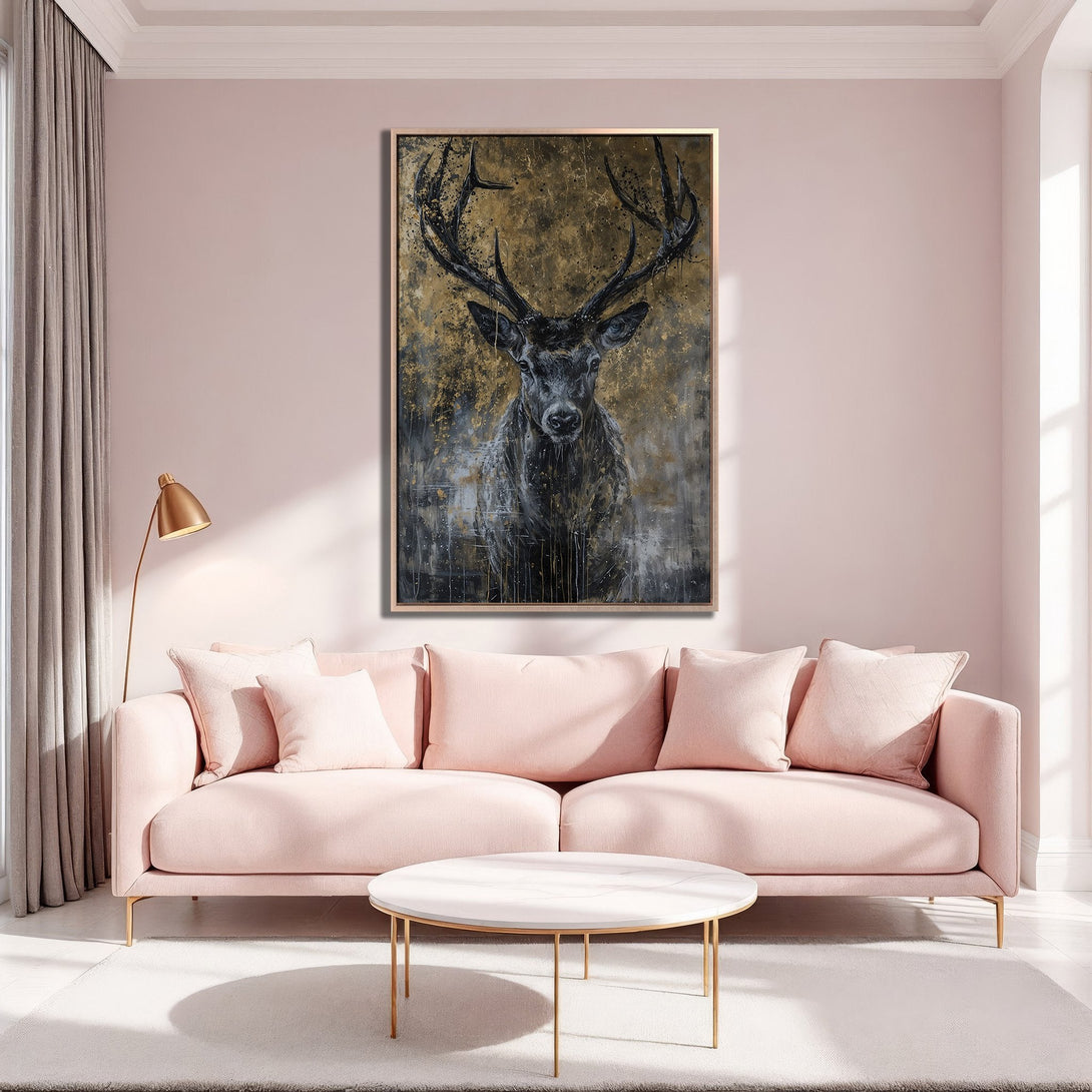 Framed Wall Art featuring a majestic stag in a gold and black abstract style. Adds a touch of elegance to any space with its pink and gold color palette.