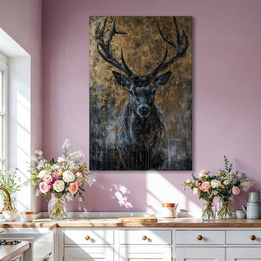 Framed Wall Art: Majestic stag canvas print in gold, black, and grey. Modern abstract art for a stylish living room. Shop now for stunning wall decor!