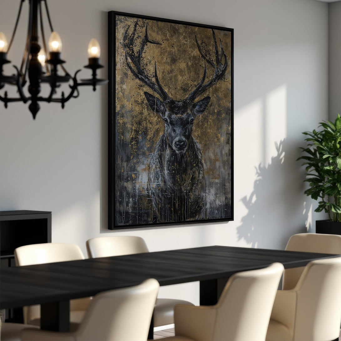 Framed Wall Art: Majestic stag canvas print in a modern dining room. Abstract style with gold, black, and grey tones. Elevate your space with stunning artwork!