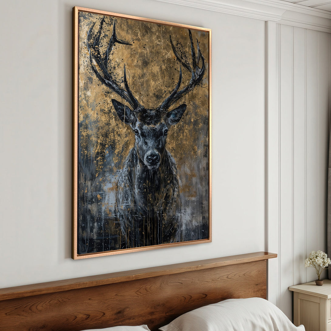 Framed Wall Art: Majestic stag canvas print in gold, black, & grey. Modern abstract style, perfect for bedroom decor. Shop now for stunning wall art!