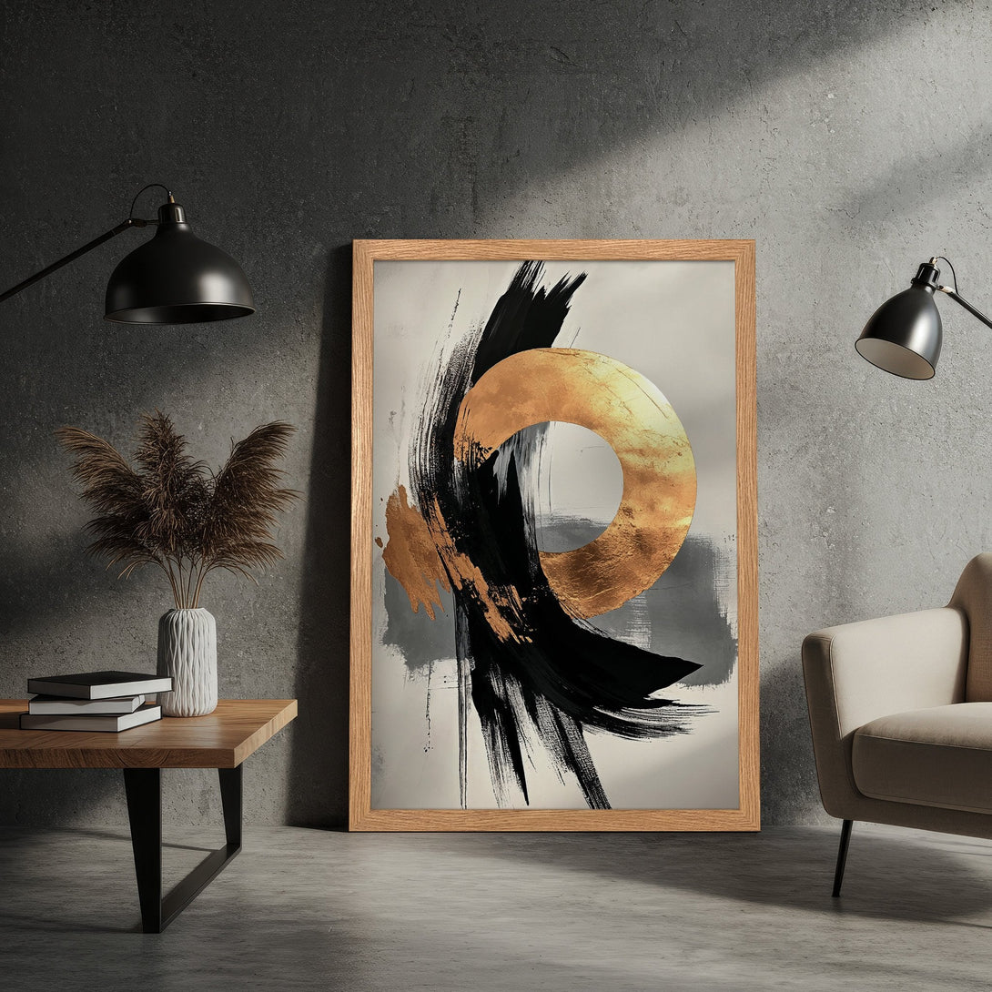 Framed Poster featuring abstract art with gold and black brushstrokes on a neutral background. Modern art print for home decor.