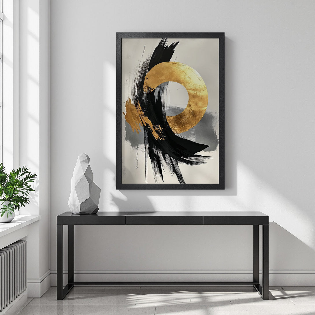 Framed Poster featuring abstract gold and black brushstrokes on a neutral background. Modern art for home decor.