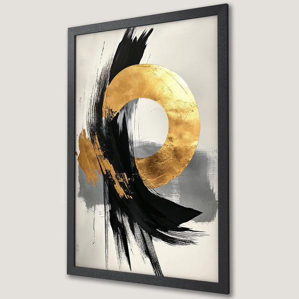 Framed Poster featuring abstract art with gold, black, and gray brushstrokes. Modern art print for home decor.
