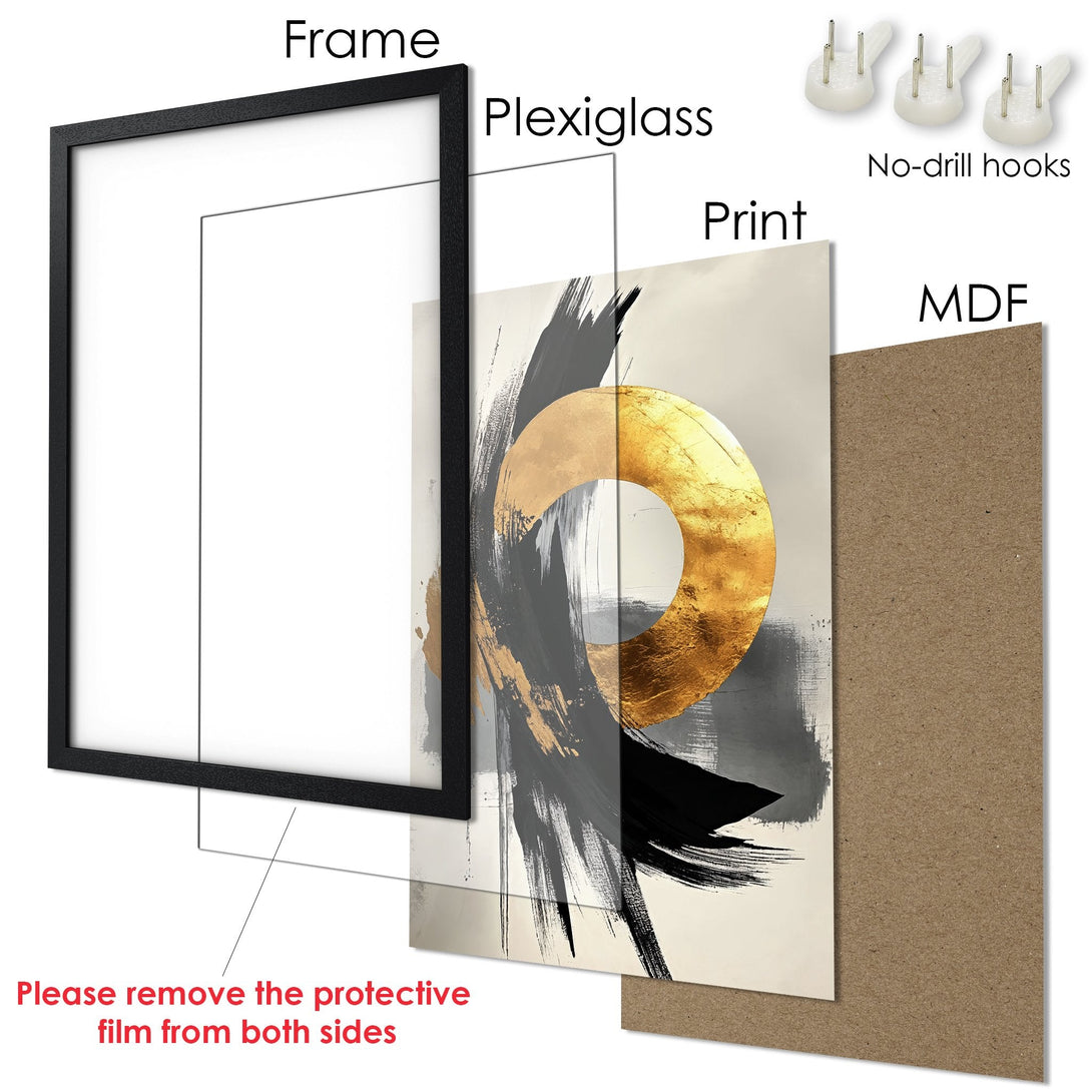 Framed Poster featuring abstract gold and black art on a neutral background. Modern style, ready to hang!