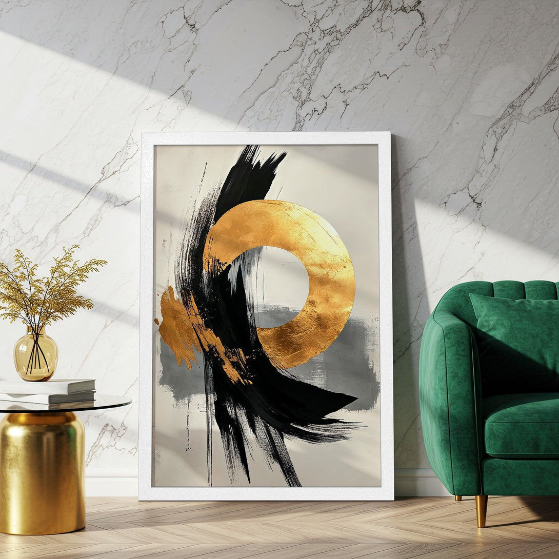 Framed Poster featuring abstract art with gold, black, and neutral tones. Modern wall art for stylish home decor.