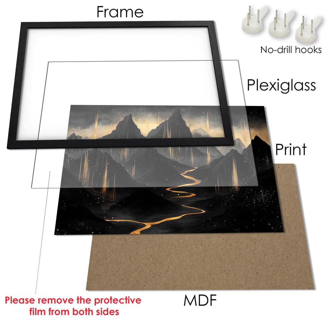 Framed Poster: Mountain landscape art print in black, gold, and gray. Elevate your space with this stunning poster!