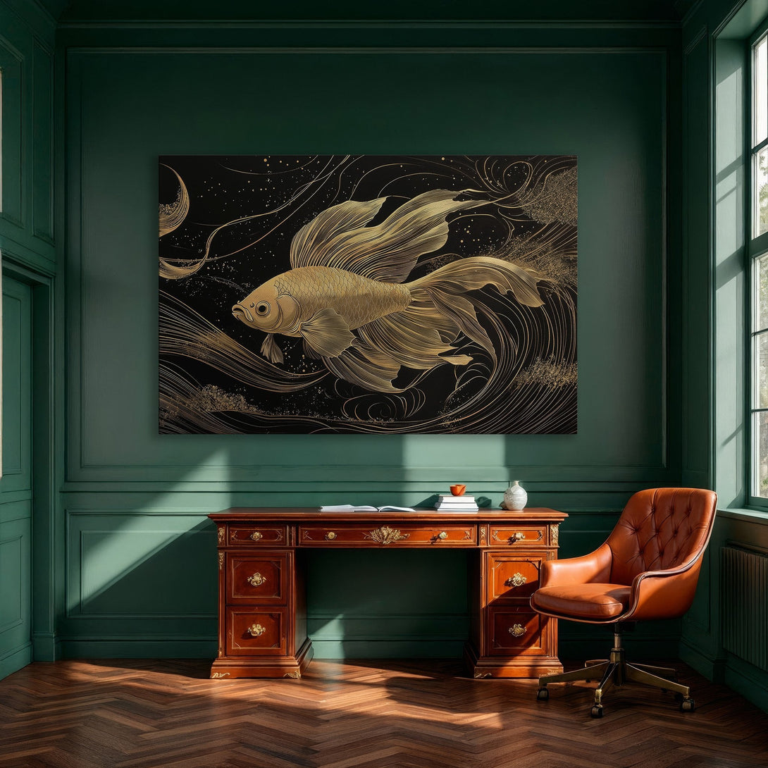Framed Wall Art: Gold fish art print on black background. Elegant, modern style with gold accents. Perfect for dining room decor.