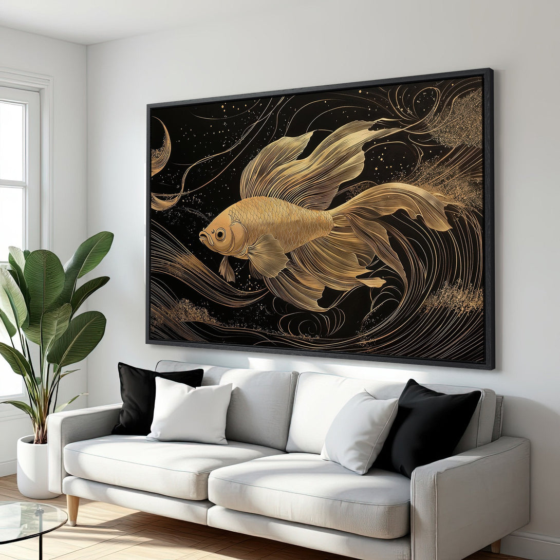 Framed Wall Art featuring a gold koi fish on a black background. Modern, elegant design with a gold and black color palette. Perfect for home decor.