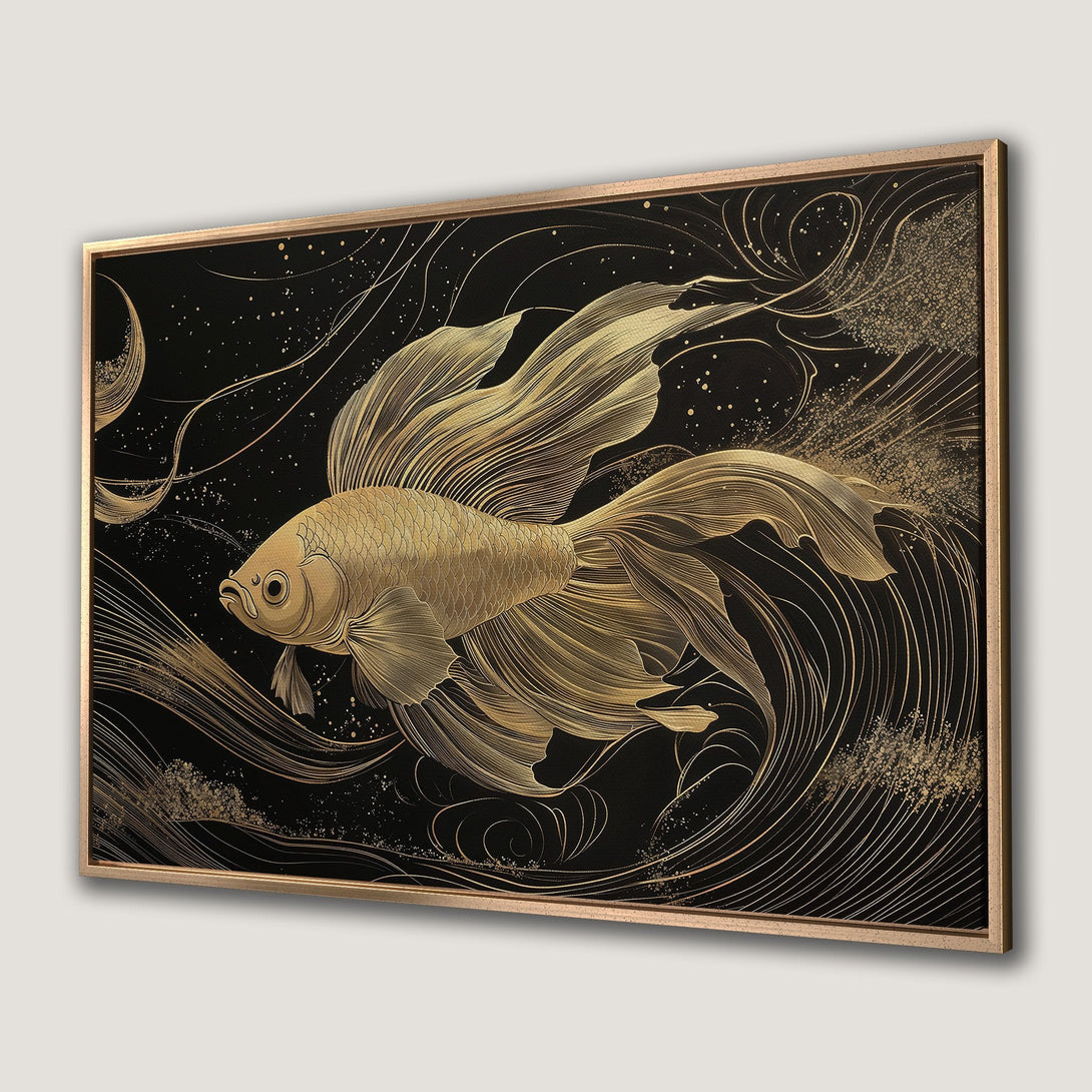 Framed Wall Art: Elegant gold fish illustration on black background. Modern art style with gold and black color palette. Perfect for home decor.