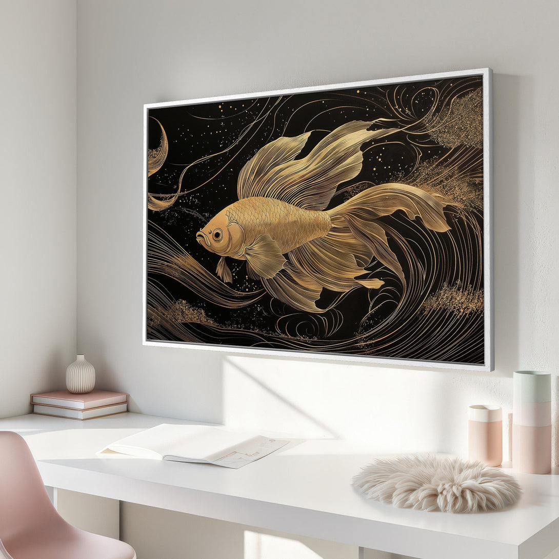 Framed Wall Art featuring a golden koi fish on a black background. Elegant, modern style with gold and black color palette. Perfect for home decor.