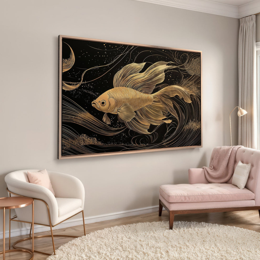 Framed Wall Art featuring a golden fish on black background. Elegant, modern style with a gold and black color palette. Perfect for home decor.