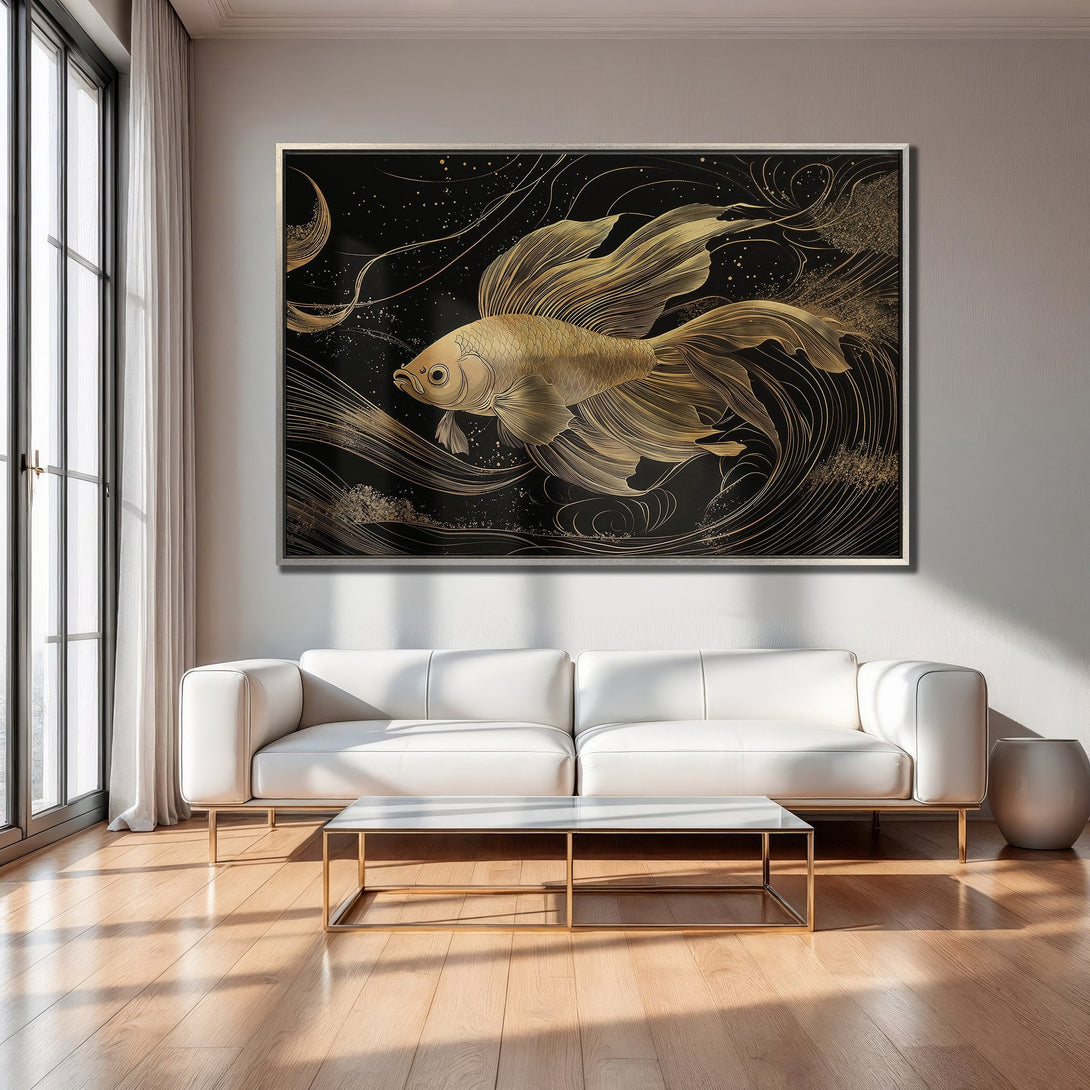 Framed Wall Art featuring a gold koi fish on a black background. Modern, elegant style with a gold and black color palette. Perfect for home decor.