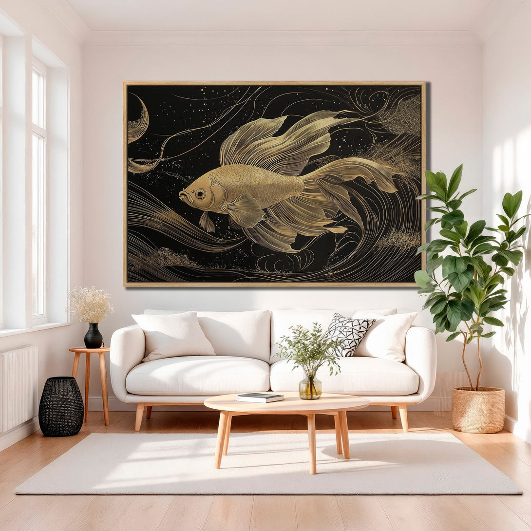 Framed Wall Art featuring a gold koi fish on a black background, perfect for modern home decor. Elegant and stylish art with a gold and black palette.