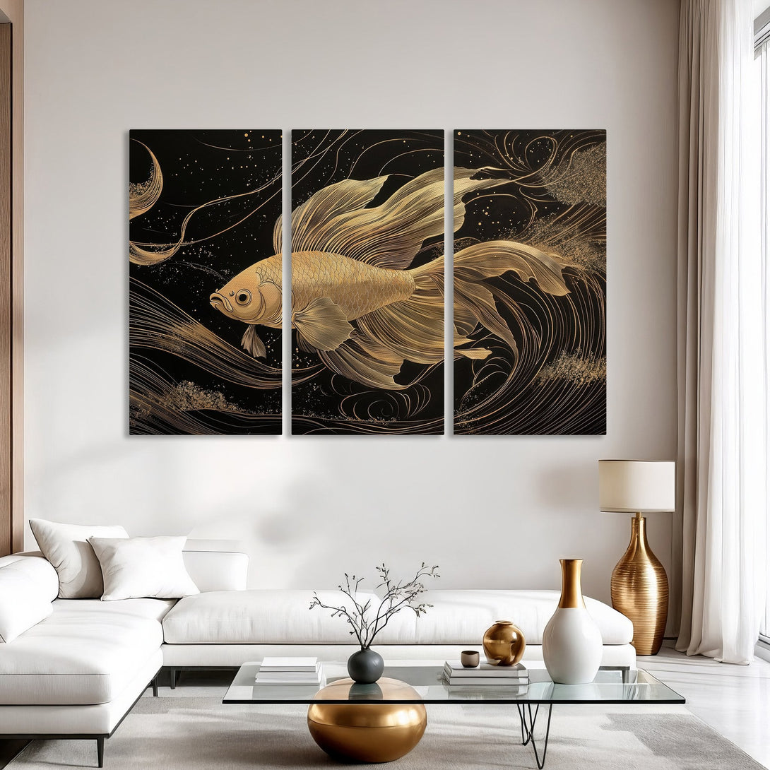 Canvas Print of a golden koi fish on black background. Elegant, modern wall art with a gold and black color palette. Perfect for home decor.