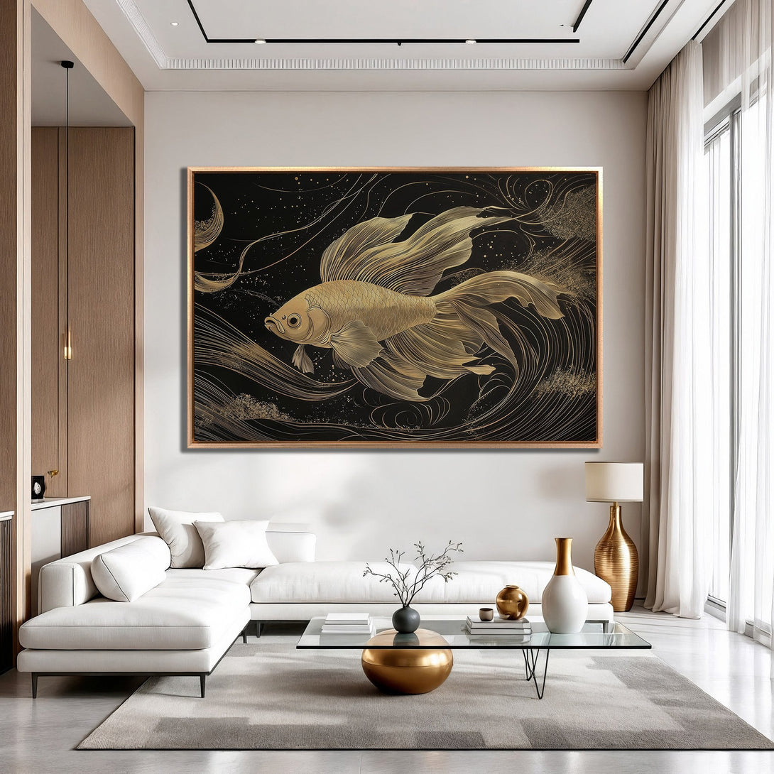 Framed Wall Art: Gold fish illustration on black background. Modern art print with gold and black color palette, perfect for living room decor.
