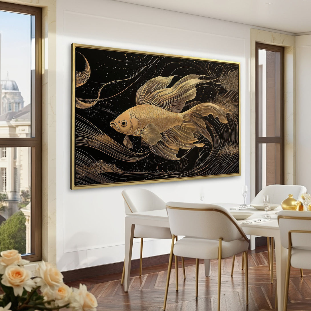 Canvas Print of a gold koi fish on a black background. Elegant, artistic style with a gold and black color palette. Perfect for home decor.