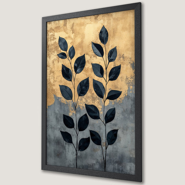 Framed Poster featuring botanical art with dark leaves on a textured gold and grey background. Modern, elegant wall decor.