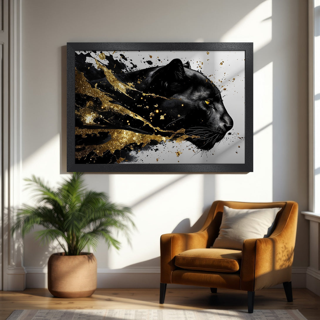 Framed Poster featuring a black panther with gold accents. Modern art style, striking black and gold color palette. Elevate your decor!